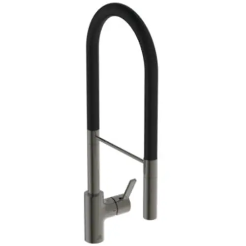 Küchenarmatur von Ideal Standard mit hohem, gebogenem Auslauf und seitlichem Bedienhebel. Das Design ist in grauer Farbe gehalten.